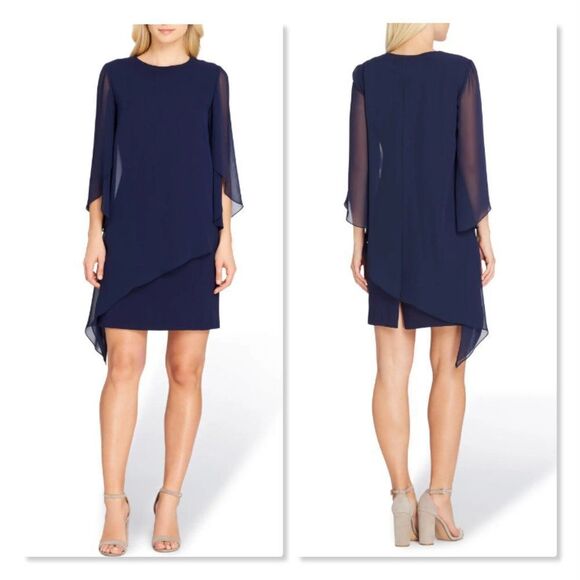 Tahari Chiffon Overlay Shift Dress - size 14 in Navy Blue - Picture 1 of 11